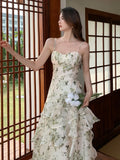 Nukty Summer Floral Chiffon Midi-dresses Women Sleeveless Spaghetti Strap Backless Ruffle Dress Elegant Casual Party Ladies Dresses