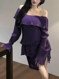 Nukty Women French Sexy Fairy Mini Dress Autumn Spring Purple Slash Neck Flare Long Sleeve Female Evening Party Prom Vestidos Outfits