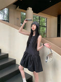 Nukty Summer Elegant Korean Solid Short Women's Dress Sweet Sleeveless O-Neck Loose-Fit Causal Office Lady Ball Gown Mini Skirt