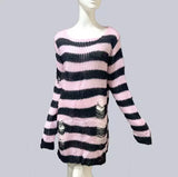Nukty New Punk Gothic Long Unisex Sweater Summer Women Striped Cool Hollow Out Hole Broken Jumper Loose Rock Thin Dark Streetwear Top