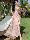 Maxi Long Dresses for Women New Summer Elegant Spaghetti Strap Slim Split Ruffle Female Clothes Beach Holiday Bandage Dress