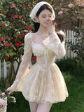 Nukty Sweet Fairy Womens Dresses Elegant Lace Patchwork Bow Lace-up Square Collar Flare Long Sleeve Party Mini Dress Short Vestidos