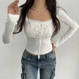 Nukty Korean White Lace Patched Female T-shirt Slim Basic Sweet Folds Autumn Tee Cute Top Coquette Clothes Front Tie-Up Y2K