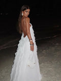 Nukty Elegant White Ruffles Edge Backless Long Dresses Women Sexy Off Shoulder Loose Maxi Dress Fashion Beach Vocation Party Robes