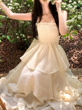Nukty French Elegannt Strap Ruffles Romantic Cake Women's Dresses Backless Sleeveless Princess Vestidos Spring Summer New Robe