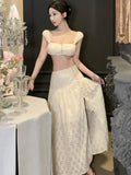 Nukty French Style Casual Skirt Suits Elegant Sleeveless Short Vest Top + A-line Split Skirt Womens Two Pieces Set Female Clothing New