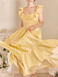 Nukty Yellow Ruffle Summer Chic French Pleated Long Dresses New Women's Flying Sleeve High Waist Square Collar Vacation Backless Dress