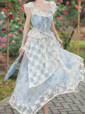 Nukty Sky Blue Chiffon Print Vintage Womern's Two Pieces Set Romantic Ruffles Top Lace Embroidery Asymmetrical Skirt Suit Fashion Lady