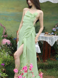 Nukty Elegant Green Halter Sleeveless Womens Dresses French Spaghetti Strap Backless Party Long Dress Summer Spring Casual Beach Robe