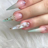 Nukty 24Pcs Long Stiletto False Nails with Glue Almond Fake Nails with Gold Foil Gradient Green Full Cover Nail Tips Press on Nails