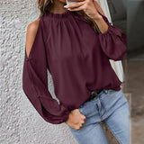 Nukty Autumn and Winter New Women's Clean Color Lotus Leaf Round Neck Long Sleeve Pleated Off Shoulder Fashion Women's Top