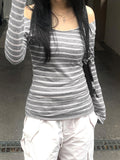 Nukty  Sexy Off Shoulder Long-Sleeve Women T Shirt Vintage Stripes Slim All-Match Tops Y2K Spring Korean Streetwear Casual Female Tees