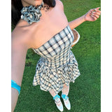 Nukty Elegant Off Shoulder Plaid Printing Women Mini Dresses Y2K Sleeveless Flowers Tank Dress Sweet Girls Slim fit Vestidos