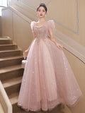 Nukty DRESS TO IMPRESS Pink Sequin Evening Dress Elegant Appliques Floor-Length Pearl Beading Prom Party Gown Princess Bubble Sleeve Vestido De Festa