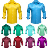 Nukty Luxury Shirts for Men Silk Satin Solid Plain Red Green Yellow Purple Slim Fit Male Blouses Turn Down Collar Casual Tops