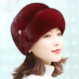 Nukty Winter Hat Russian Flower Decor Thickened Luxury Keep Warm Solid Color Autumn Winter Thermal Middle-aged Women Cap For Outdoor
