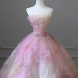 Nukty Pink 3D Applique Flower Formal Dress Elegant Strapless Slim Red Carpet Dresses Luxurious Trailing Ball Gown Engagement Vestido