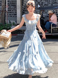 Nukty Sweet French Chic Blue Chiffon Print Dress Flying Sleeves Square Collar A Line Slim Wasit Women Vestidos 2025 New Spring Summer