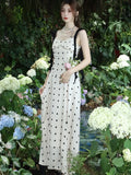 Nukty Summer Dot Spaghetti Strap Womens Dresses French Style Sleeveless Ruffles Strap Birthday Party Dress A-line Vestidos New Outfits