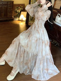 Nukty Elegant Long Sleeve Print Dress for Women Square Collar Princess Evening Dresses Femme One Piece Casual Vestido Mujer Autumn New