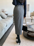 Nukty Elegant Women Striped Faux Wool Pencil Skirts Belted Spring Autumn Office Ladies Casual A-Line High Waist Midi Skirt