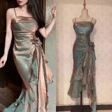 Vintage Elegant Ice-colored British Retro Waist Strap Three-dimensional Flowers Irregular Ruffle Stitching Evening Dress