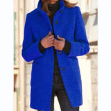 Nukty Women Vintage Solid Color Stand-up Collar Tweed Jacket Autumn Winter Warm Commuter Outerwear Single-breasted Cardigan Long Coat