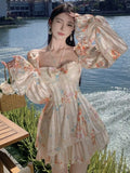 Nukty Vintage Floral Print Womens Dresses Elegant Slash Neck Flare Long Sleeves Princess Birthday Party Mini Dress A-Line Chiffon Robe