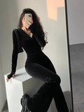 Nukty 2024 Hot Tops Fashion Black Velvet Slim Hooded Zipper Long Sleeve Flare Pants Jumpsuit Rompers Korean Sexy