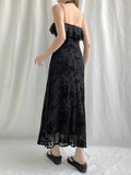 Nukty Floral Mesh Double Layers Sleeveless Sundress Black Turn-down Ruffle Strapless Straight Long Dress Beach Holiday Robe