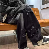 Nukty Stars Patchwork Men Jeans New Fashion Y2K Tassel Pants Korea Clothes Straight Hip Hop Splicing Trousers Male Streetwear