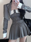 Autumn Preppy Style Pleated Casual A-line Skirt Women + Irregular Patchwork Slim Camisole + Jacket Three-piece Suit Female