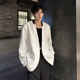 Nukty Black/White Men Blazer Collarless Contrast Color Streetwear One Button Long Sleeve Fashion Men Casual Suit Jacket 3XL-M