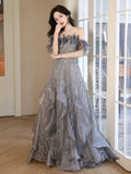 Nukty Shiny Grey Evening Dresses Tiered A-line Boat Neck Flounce Strap Long Wedding Celebration Birthday Party Prom Gowns New 2024