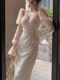 Nukty Elegant Party Dresses For Women Vintage Long Dress Off Shoulder Long Sleeve Autumn Spring Prom Robe Slim One Piece Vestidos New