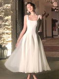 Nukty White Elegant Fairy French Sling Dress For Woman Summer Mesh Ball Gown Square-Collar Slim Fit Skirt Party Evening Dress