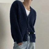 Nukty Men Sweaters Solid Color Plush V Neck Long Sleeve Casual Cardigan Men Streetwear Fashion Leisure Knitted Outerwear