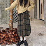 Nukty Autumn Winter Woolen Plaid Skirt for Women Vintage High Waist Midi Skirts Woman A-Line Pleated Long Skirts Female