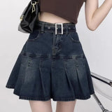 Nukty Blue Denim Skirt Women Lace Patchwork Y2k Pleated Mini Skirts Korean Fashion Slim High Waist A-line Casual Streetwear