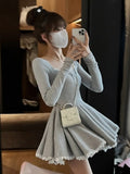 Nukty Y2K Knitted Dresses for Women Autumn Square Collar Long Sleeves Slim Birthday Party Mini Dress Female Pleated A-Line Vestidos