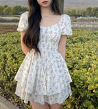 High Waist Dress Women Summer Floral Sweet Square Collar Puff Sleeve Princess Girlish Tender Elegant Korean Style Preppy Chic