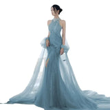 Nukty Evening Party Dress Women's Sleeveless Pearl Halter Elegant Dubai Banquet Gown Elegant Ladies Prom Dresses for Women Vestidos