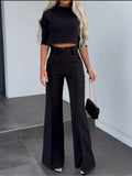 Nukty Elegant Women Letter Print Two Piece Sets Autumn O Neck Short Top & Wide Leg Pants Outfits Office Lady Casual Streetwear Suits