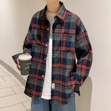 Nukty Harajuku Long Sleeve Plaid Shirts Men Big Size M-5XL Autumn Chic Loose Vintage High Street All-match Gentleman Camisa