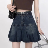 Nukty Blue Denim Skirt Women Lace Patchwork Y2k Pleated Mini Skirts Korean Fashion Slim High Waist A-line Casual Streetwear