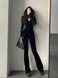 Nukty 2024 Hot Tops Fashion Black Velvet Slim Hooded Zipper Long Sleeve Flare Pants Jumpsuit Rompers Korean Sexy