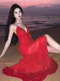Nukty Sexy Spaghetti Strap Womens Dresses Elegant Backless V-neck Ruffles Evening Party Long Dress Beach Casual Robe Female Outfits