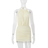 Nukty Sexy Solid Ruffles Backless Sleeveless Fashion Halter Mini Dress 2025 New Summer Vacation Outfits Party Women Vestidos