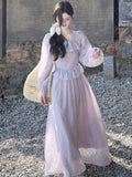 Nukty Elegant French Romantic Ruffles Chiffon Purple Women's Dresses Square-Collar Slim Wasit Long Sleeves  korean Dress Vacation New