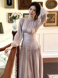 Nukty New Elegant Chic French Pleated Solid Dress Puff Sleeves Slim Wasit Midi Women's Dresses Party Prom Female Clothes Mujer